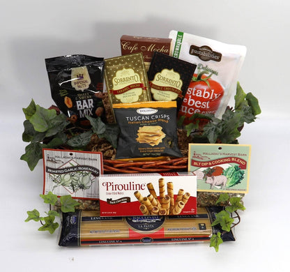 Italian gourmet gift basket with assorted packaged snacks, crackers, dips, and chocolates