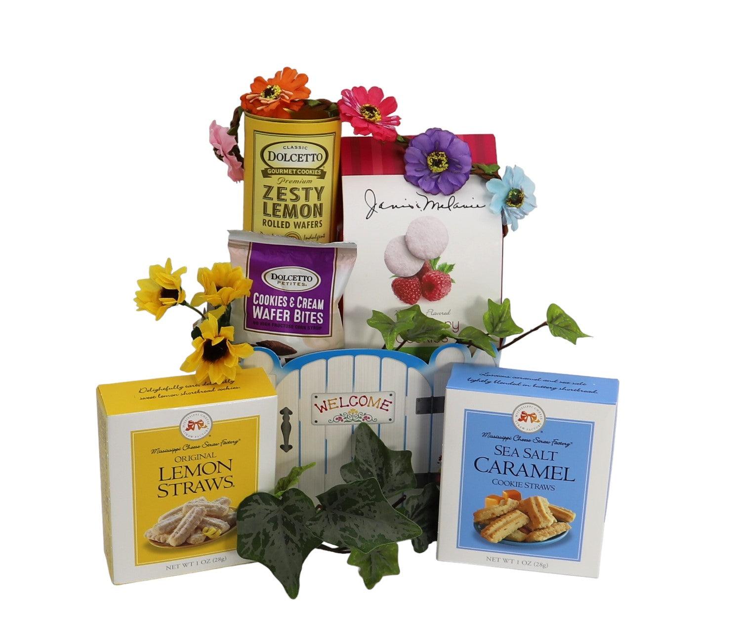 Welcome Home gift basket with lemon wafers, cookies, sea salt caramel and lemon straws