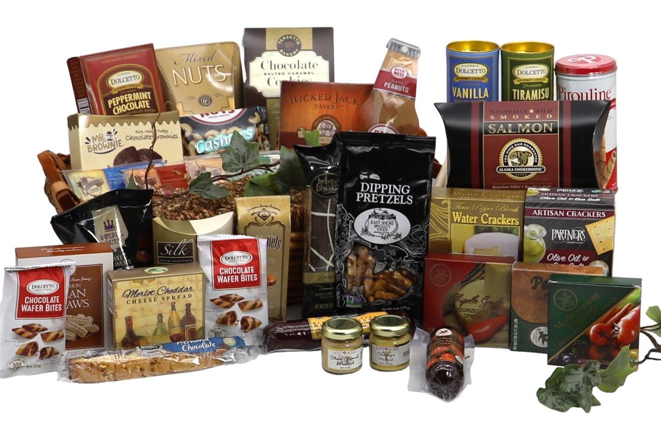 Gift basket packed with assorted chocolates, cookies, pretzels, and crackers