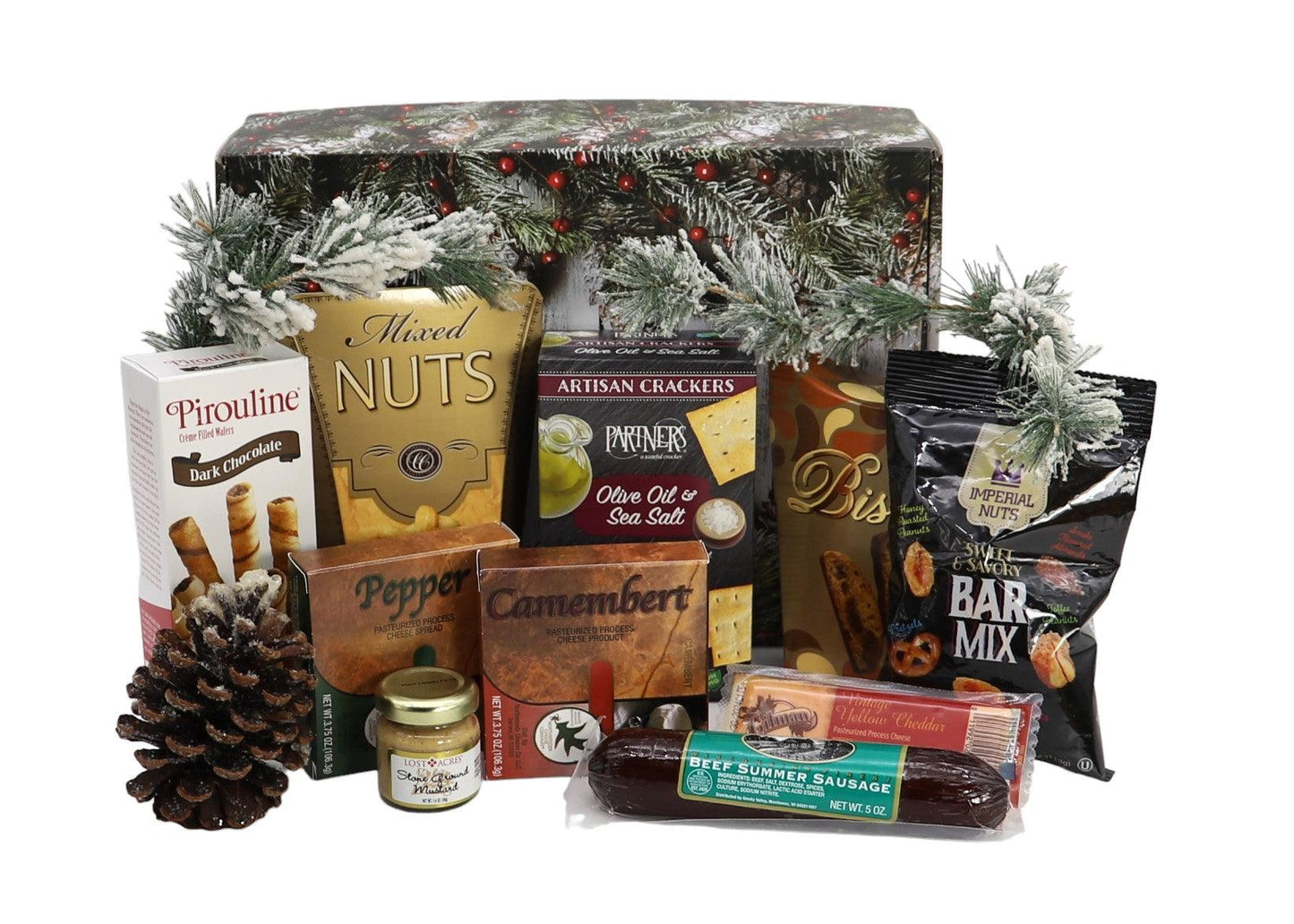 Holiday gourmet gift box with pinecones and pine garland, packed with assorted treats