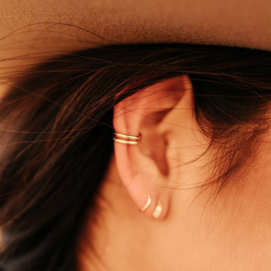 Gold-filled double-band ear cuff worn on the upper ear