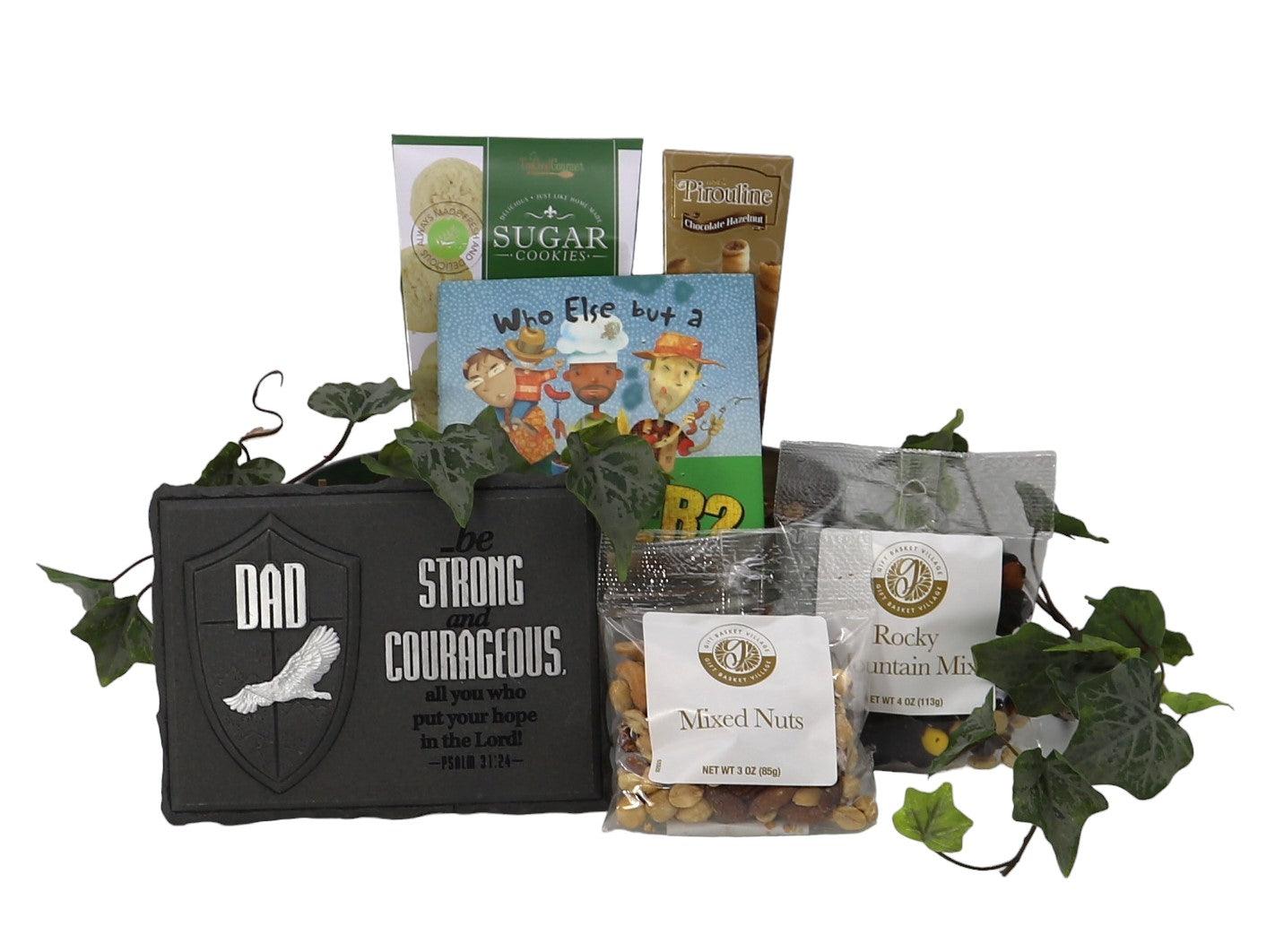 Black fabric gift sleeve with Dad patch and strong text, surrounded by snack packages