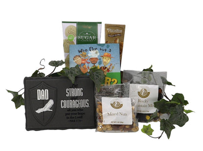 Black fabric gift sleeve with Dad patch and strong text, surrounded by snack packages