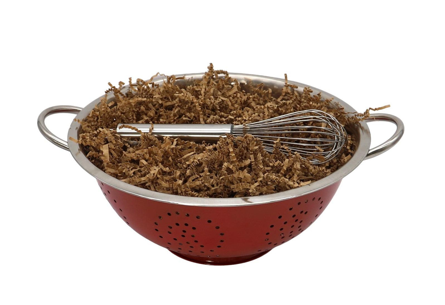 Italian gift basket in red metal colander with shredded basket filler and wire whisk