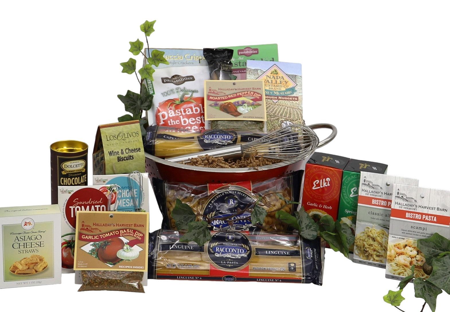 Italian gift basket with assorted pasta, sauces, crackers, and cheese in a metal colander