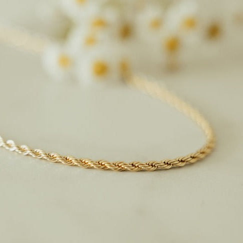 Gold-filled rope necklace with a detailed view of the twisted links.