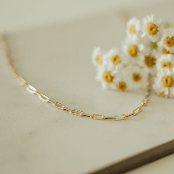 Gold-filled paperclip necklace with polished elongated links.