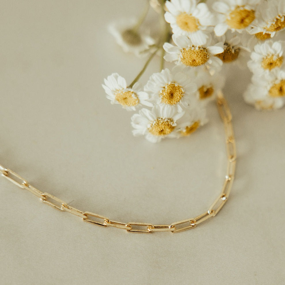 Gold-filled paperclip necklace with elongated rectangular links.