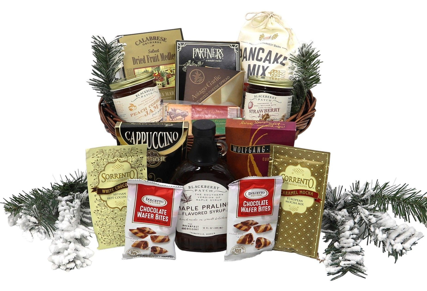 Country Christmas breakfast gift basket with assorted coffee and sweet snack packages