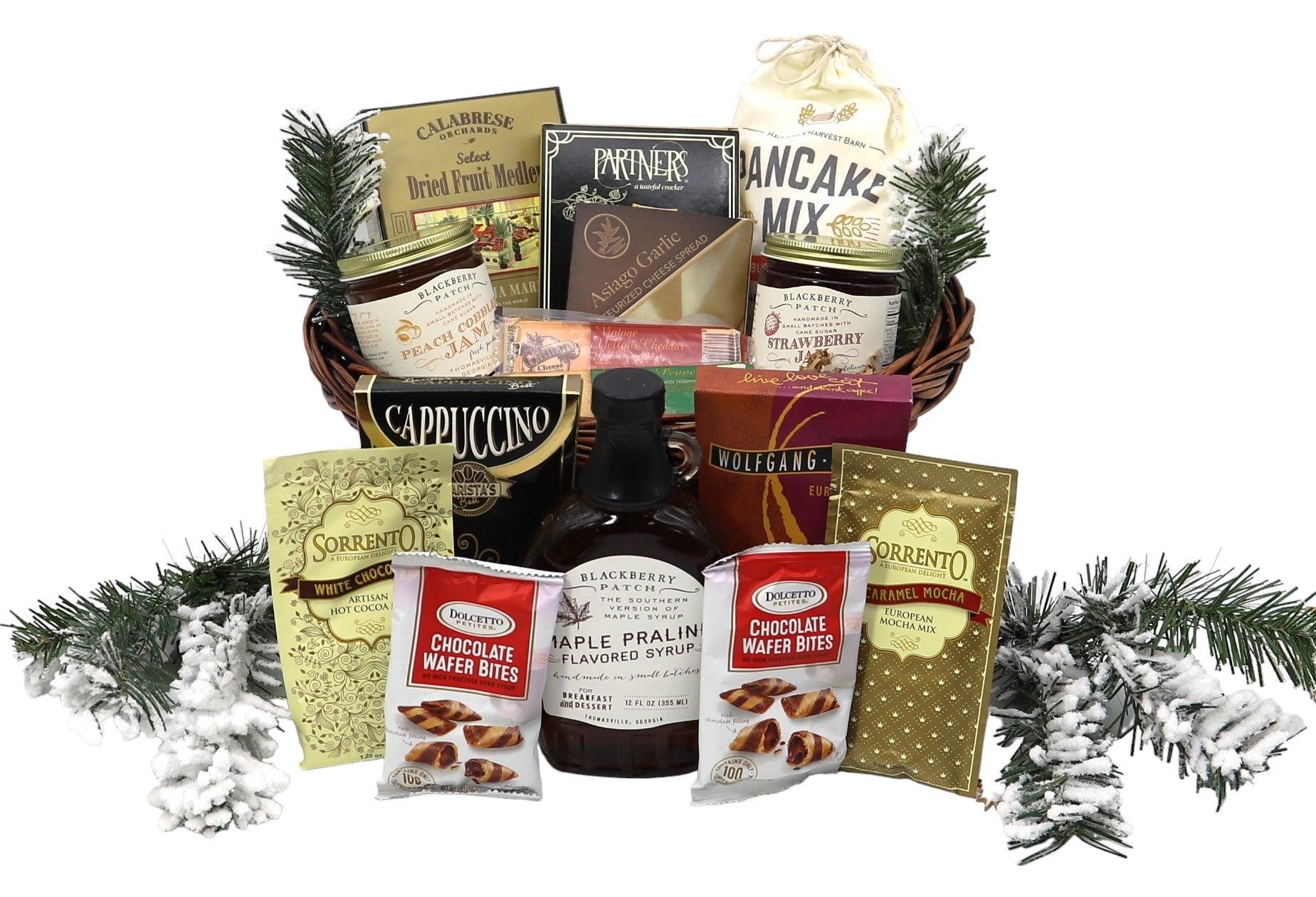 Country Christmas breakfast gift basket with assorted coffee and sweet snack packages