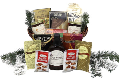 Country Christmas breakfast gift basket with assorted coffee and sweet snack packages