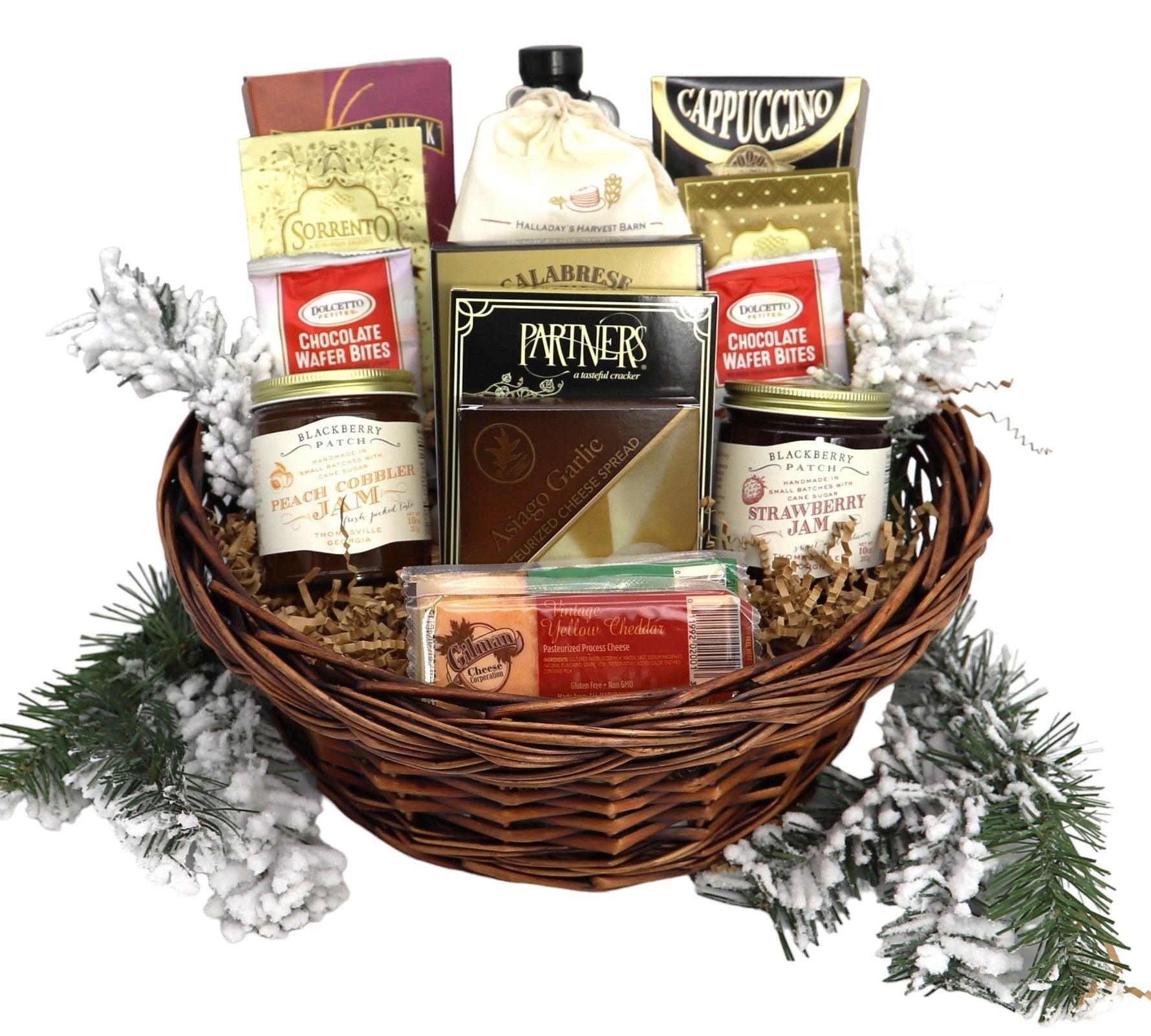 Wicker breakfast gift basket filled with cocoa, syrup, wafers, and gourmet preserves