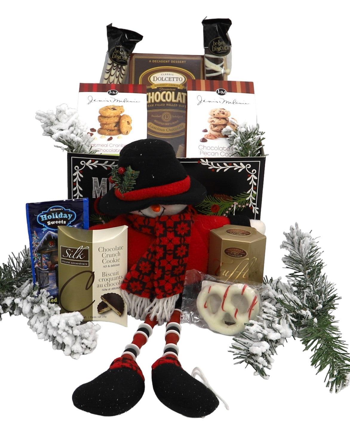 Deluxe Christmas gift box with standing snowman in red hat and scarf, surrounded by treats