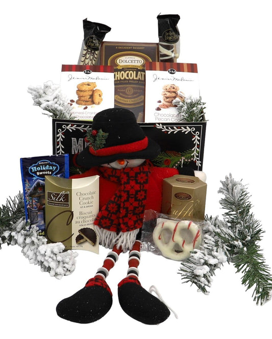 Deluxe Christmas gift box with standing snowman in red hat and scarf, surrounded by treats