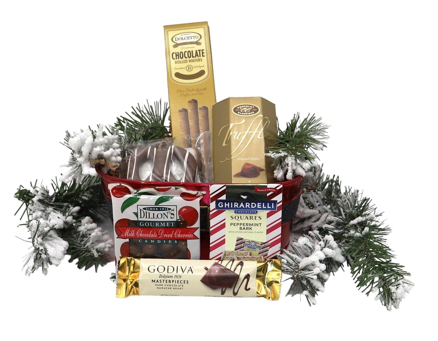 Christmas gift basket with red tray, evergreen garlands, and chocolate and peppermint