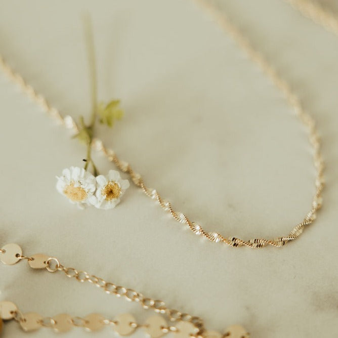 Gold-filled twist necklace with a fine, textured chain.
