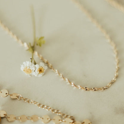 Gold-filled twist necklace with a fine, textured chain.