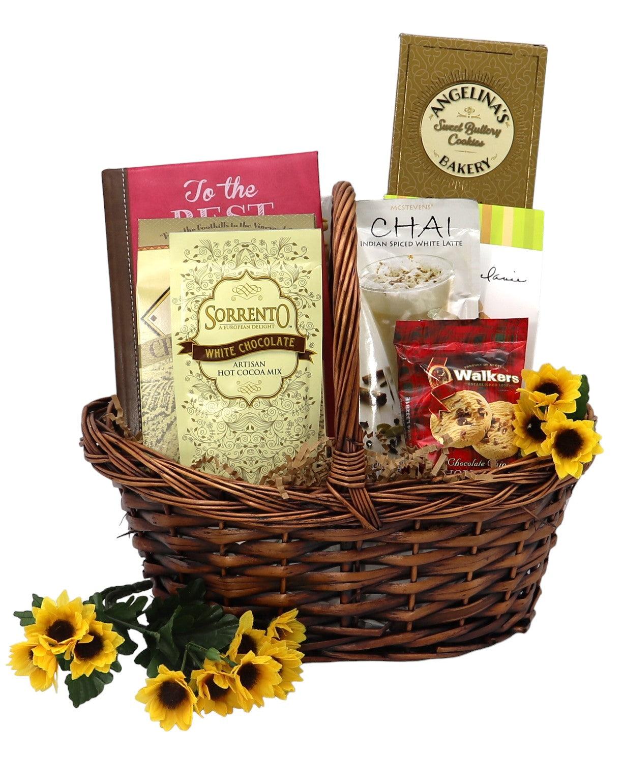 Woven gourmet gift basket with cookie and hot cocoa mix packages