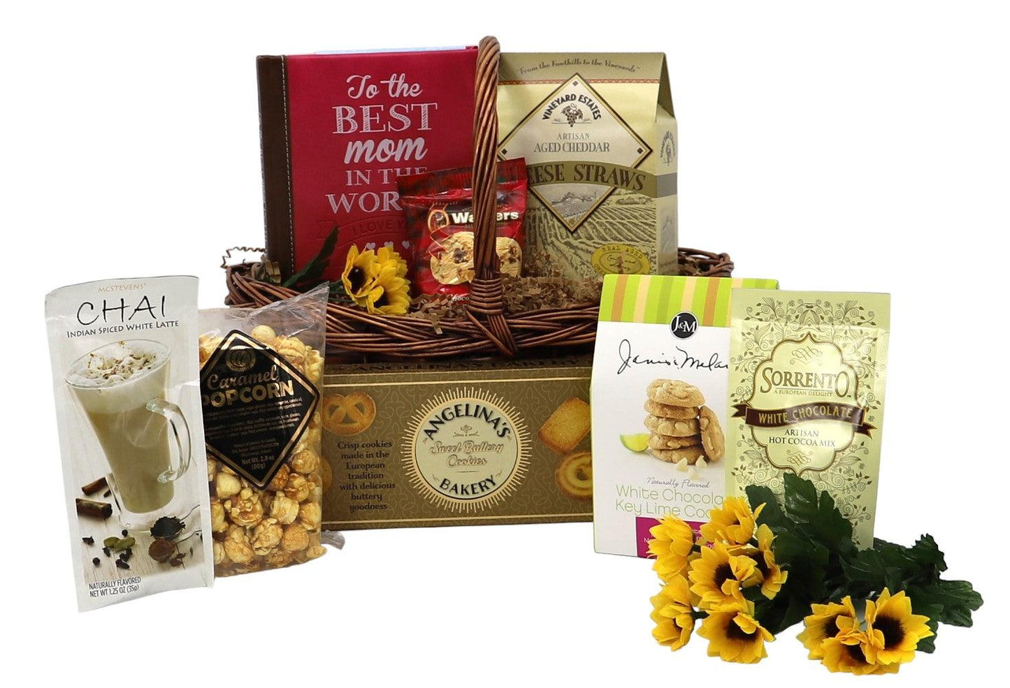 Gourmet gift basket with chocolates, crackers, cheese, and cookie packages