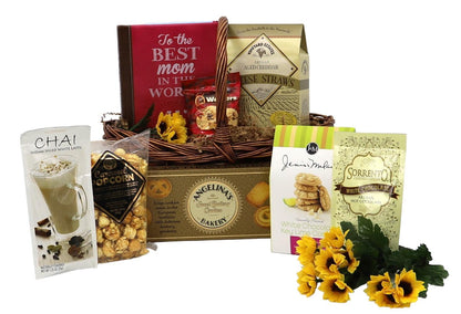 Gourmet gift basket with chocolates, crackers, cheese, and cookie packages