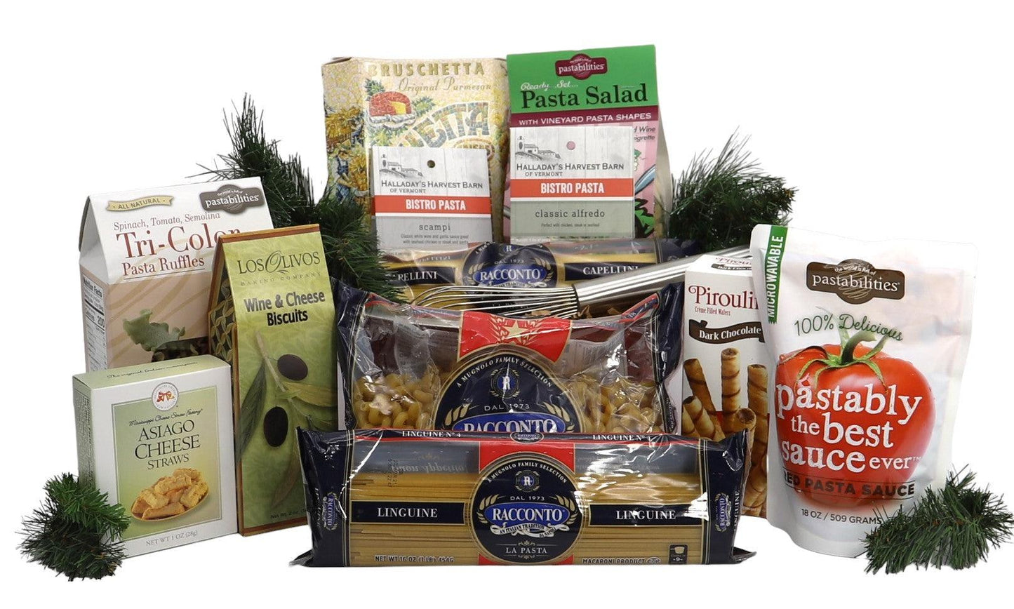 Large Italian gift basket with assorted pasta, sauce, snacks, and cheese items