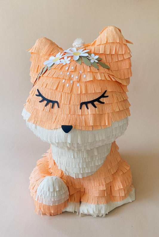 3D woodland fox piñata, handmade orange body with white muzzle and flower headband
