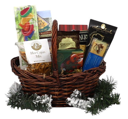 Christmas gift basket in a woven tray with hot Cajun mix, chocolates, and other packaged snacks