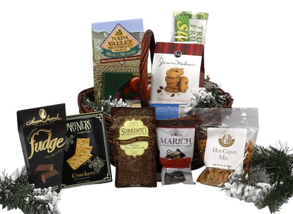 Christmas gift basket with assorted packaged treats and hot cocoa mix, arranged in a woven tray