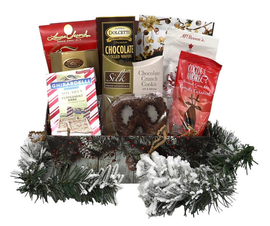 Deluxe Christmas gift basket with chocolates, cookies, wafer treats and pine garland