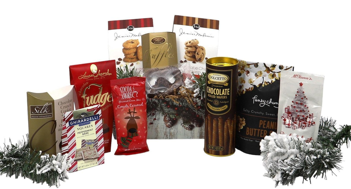 Deluxe Christmas gift basket with assorted chocolates, cookies, snacks and pine wreath