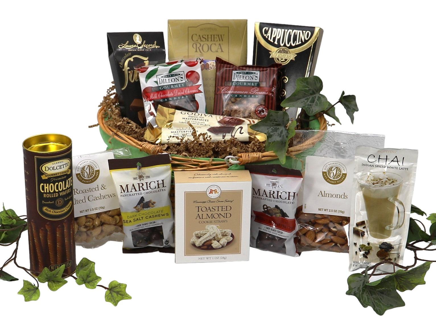 Gift basket with assorted chocolate, nuts, tea, and gourmet snacks in a wicker tray