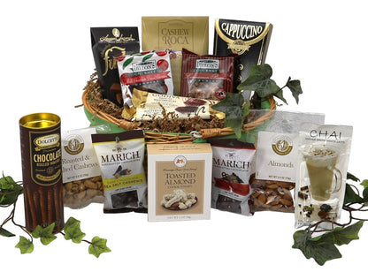Gift basket with assorted chocolate, nuts, tea, and gourmet snacks in a wicker tray