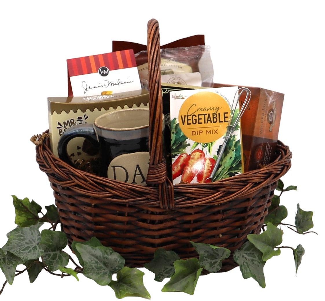 Woven wicker gift basket with dark mug, dip mix, and snack pouches