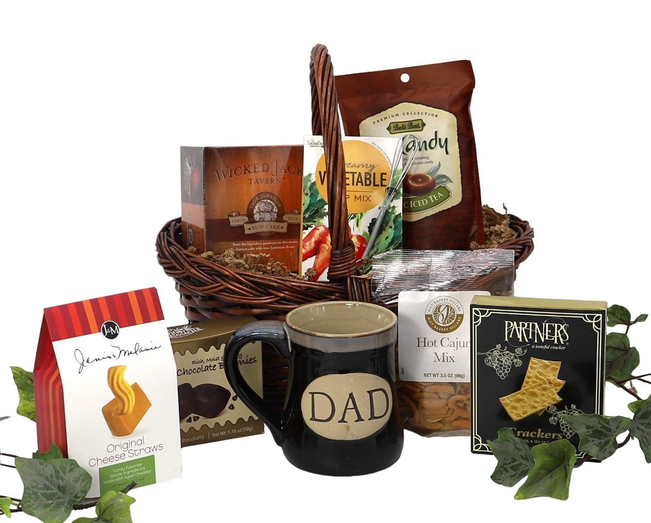 Woven wicker gift basket with snack packages and a dark mug labeled DAD