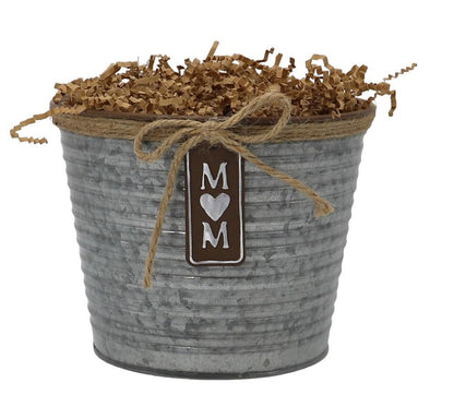 Gray wrapped mom gift tin with burlap twine and heart tag on front.