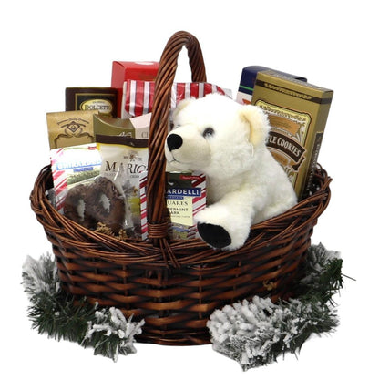 Deluxe Christmas gift basket with wicker basket and plush polar bear, surrounded by chocolate