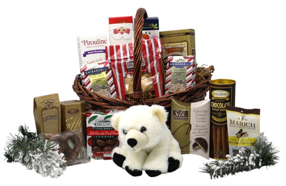 Deluxe Christmas gift basket with wicker basket, assorted chocolates, and plush bear