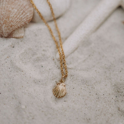 Gold chain and ridged shell pendant shown close up