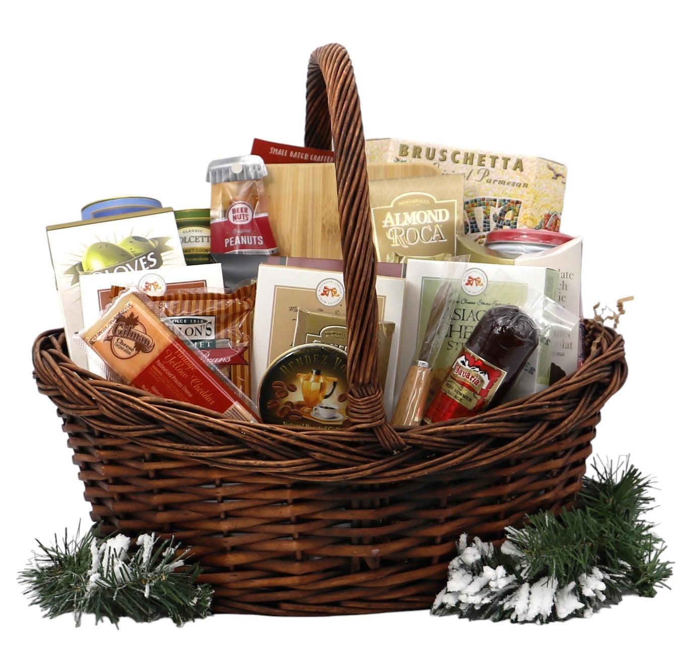 Christmas gift basket with assorted nuts, crackers, bruschetta, and snack bags in wicker basket