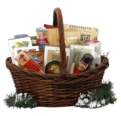 Christmas gift basket with assorted nuts, crackers, bruschetta, and snack bags in wicker basket