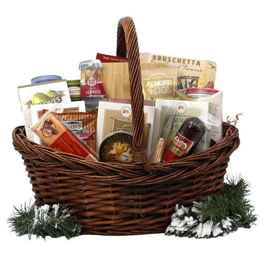 Christmas gift basket with assorted nuts, crackers, bruschetta, and snack bags in wicker basket