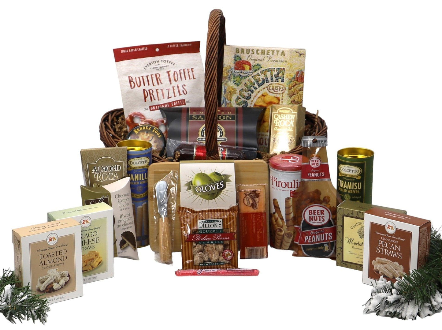 Christmas gift basket with assorted snacks, pretzels, and coffee in wicker tray