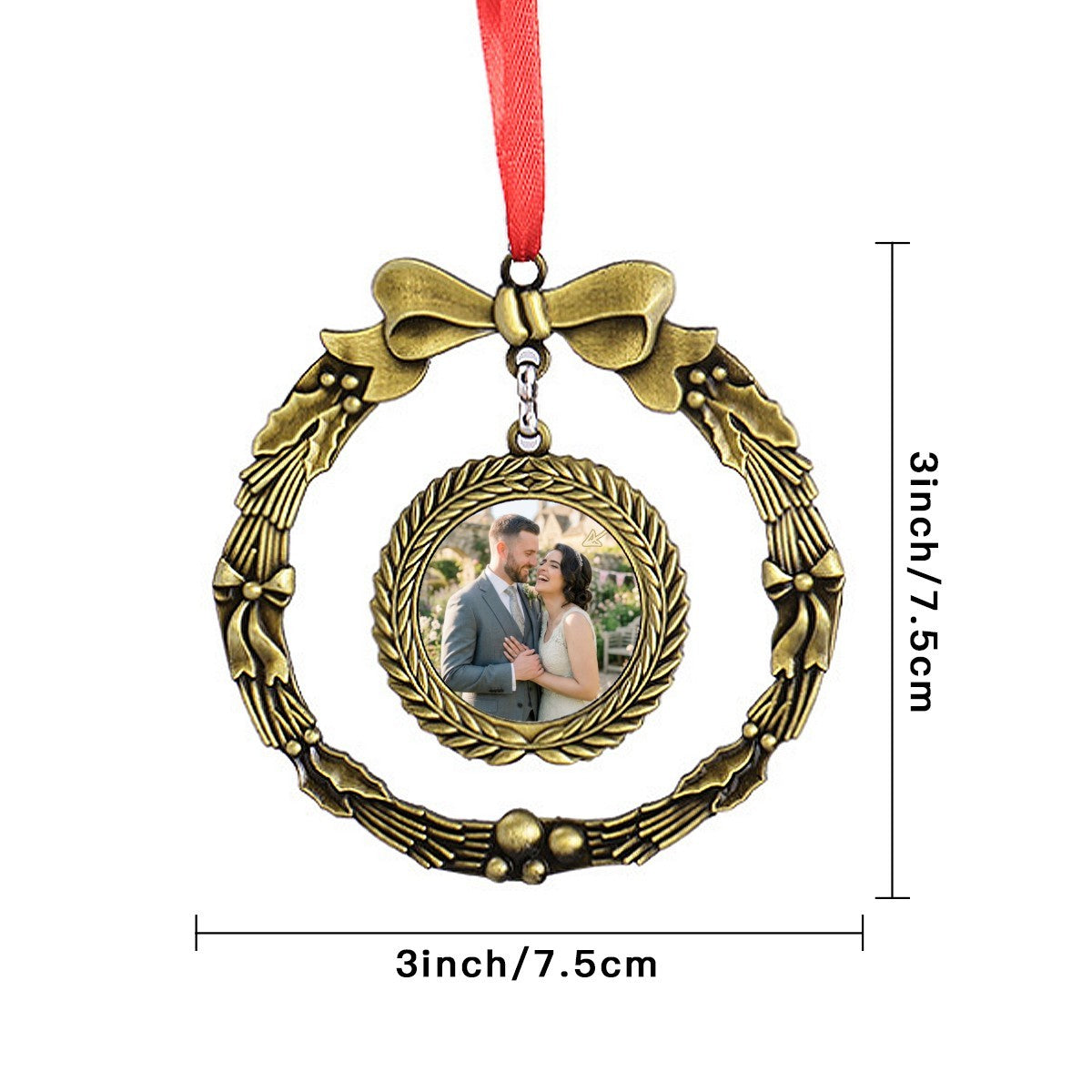 Golden wreath photo ornament with bow, red ribbon, and round portrait frame