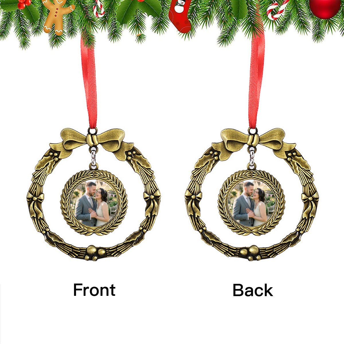 Two wreath-style photo ornaments showing front and back views, red ribbon