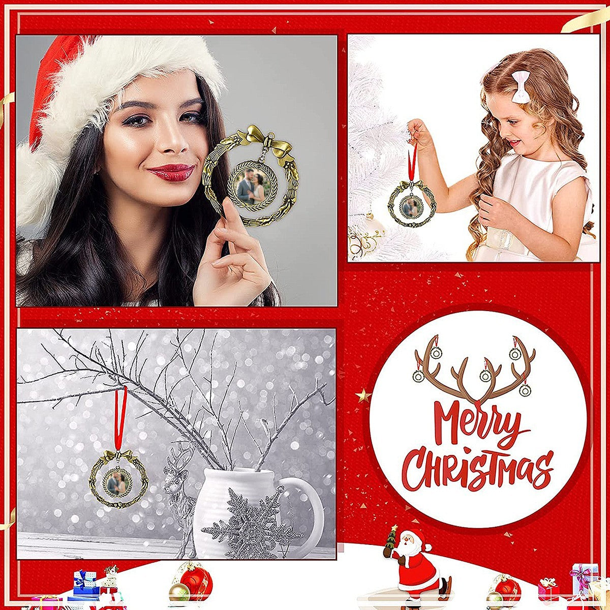 Golden wreath photo ornament with bow and round portrait medallion