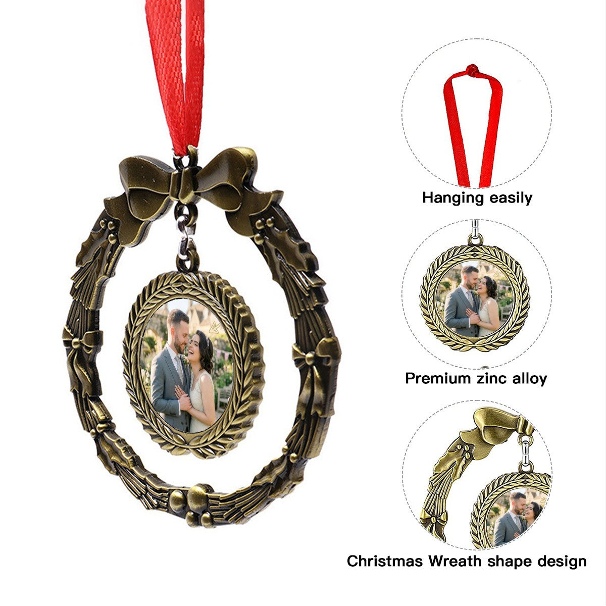 Golden wreath photo ornament with red ribbon and round portrait medallion