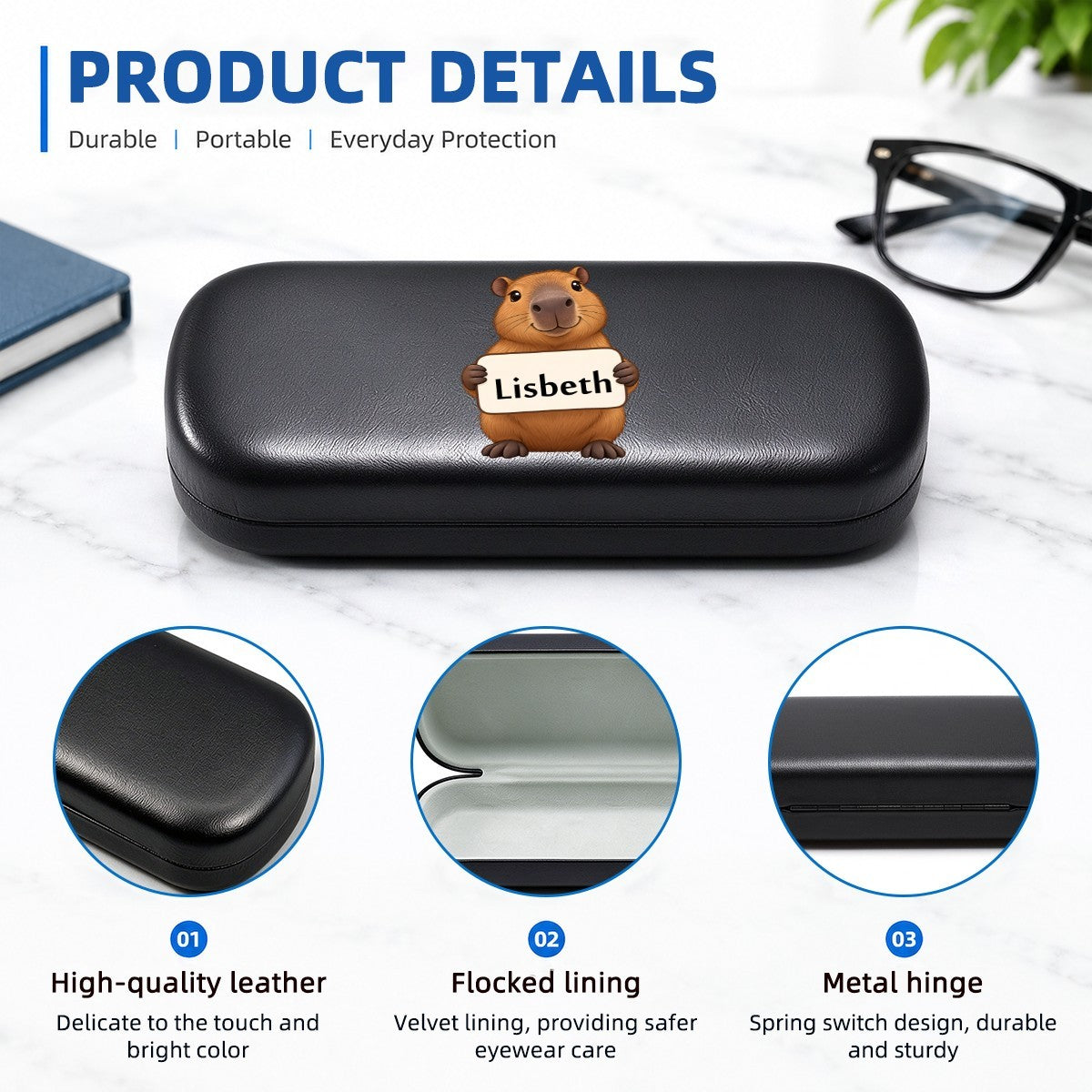 Black hard eyeglasses case with capybara and name tag "Lisbeth"