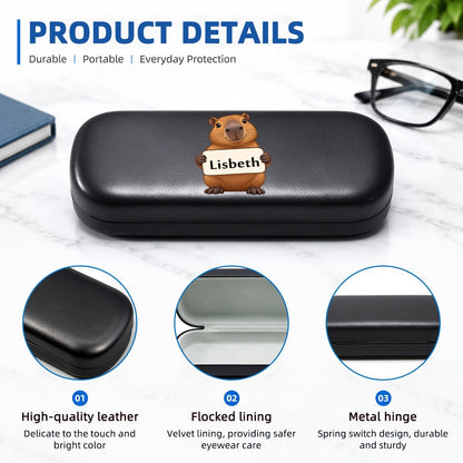 Black hard eyeglasses case with capybara and name tag "Lisbeth"