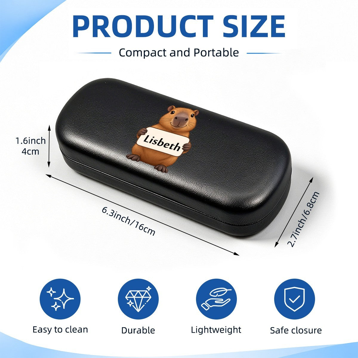 Black eyeglasses case with capybara and name tag "Lisbeth", compact size