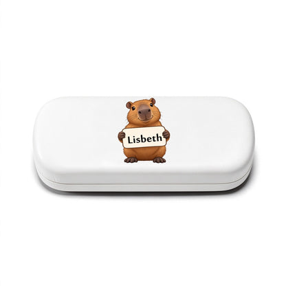 White hard eyeglasses case with capybara and personalized name tag "Lisbeth"